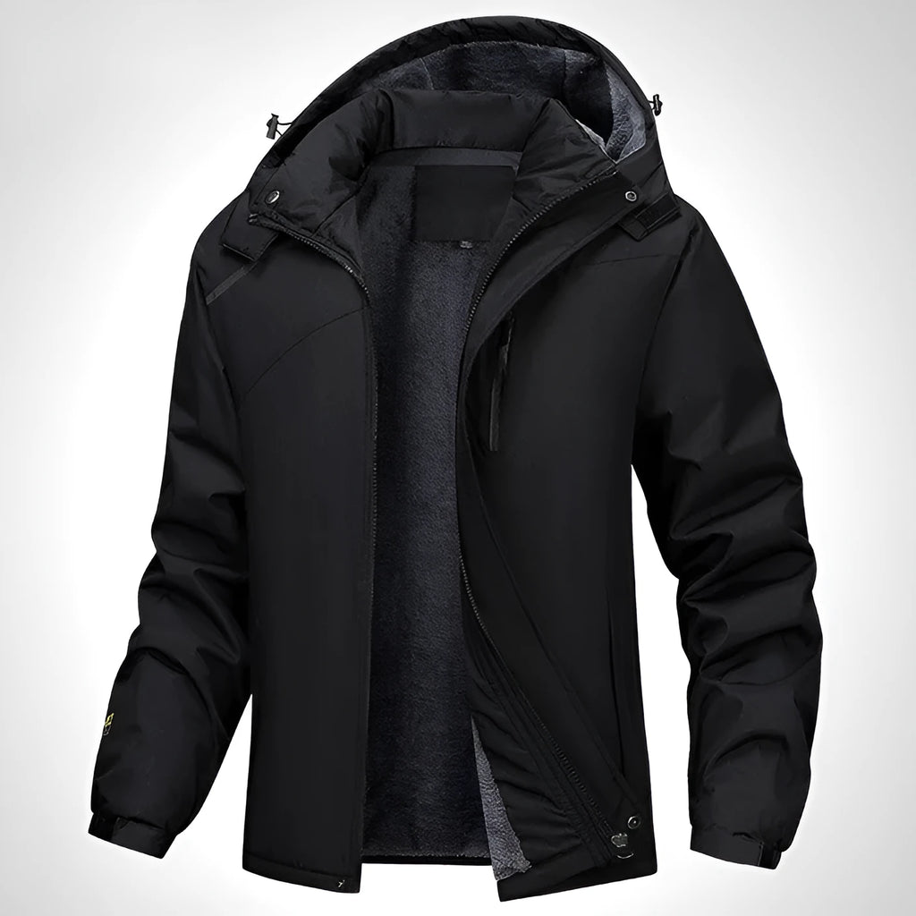 Men's plus size waterproof winter coat in loose fit with hood, available in Army Green, Black, Dark Gray and White colours