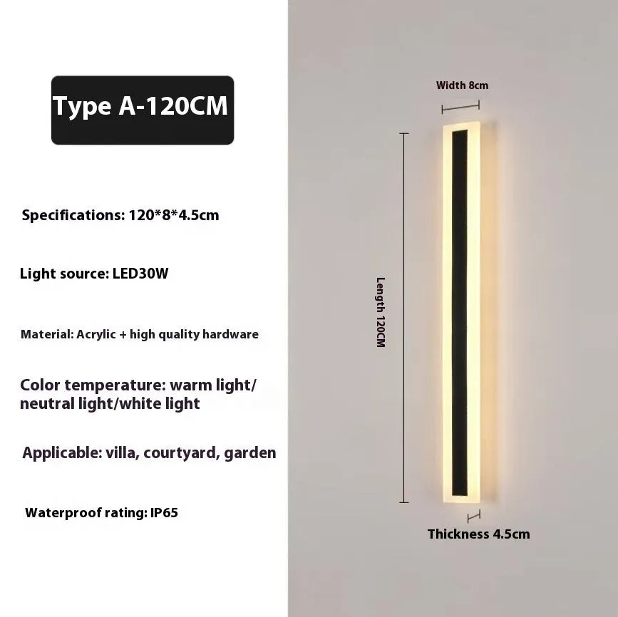 Outdoor straight LED strip wall lamp with wrought iron shell, 150cm length, IP65 waterproof rating