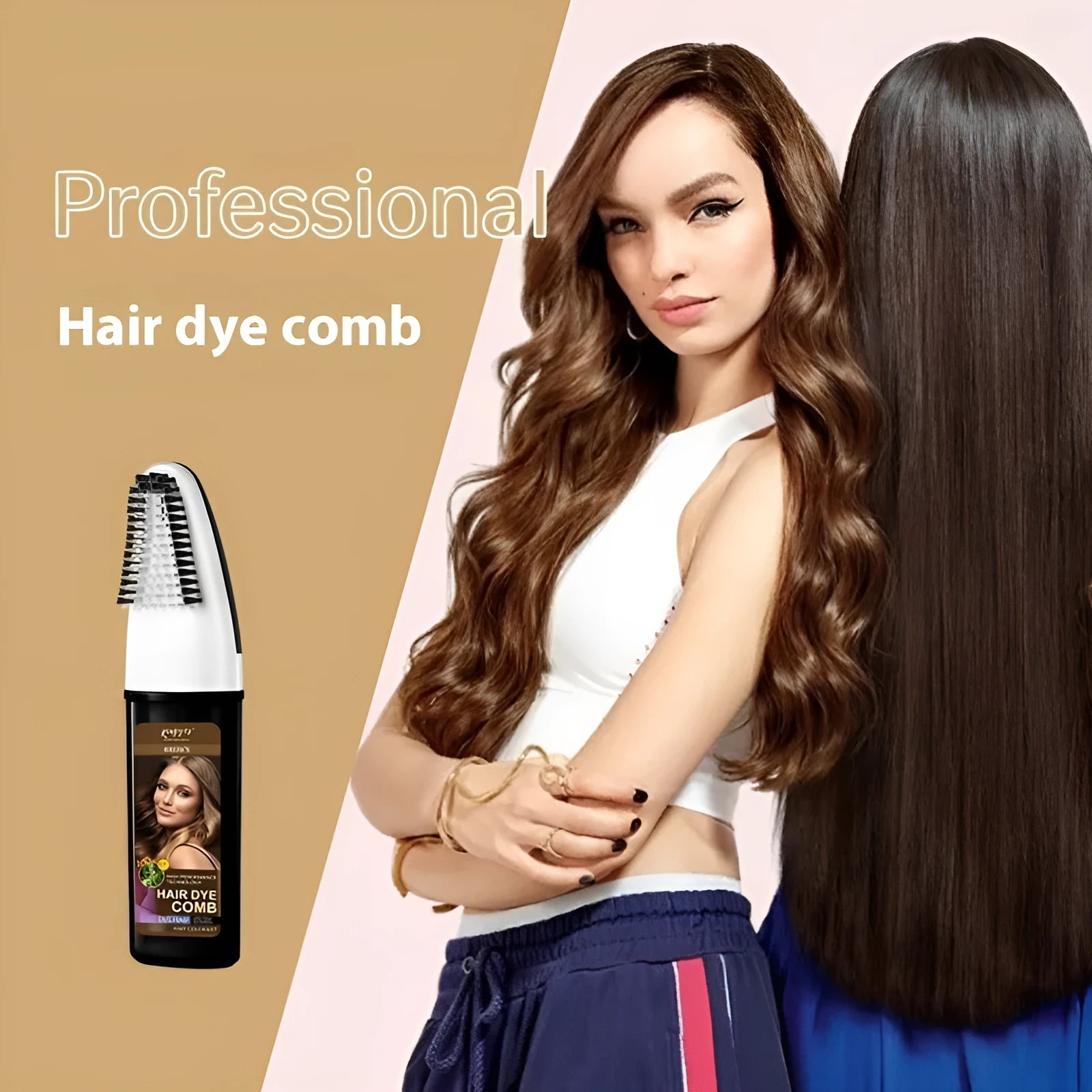 Hair dye bottle with application comb in wine red, dark brown and brown colour options