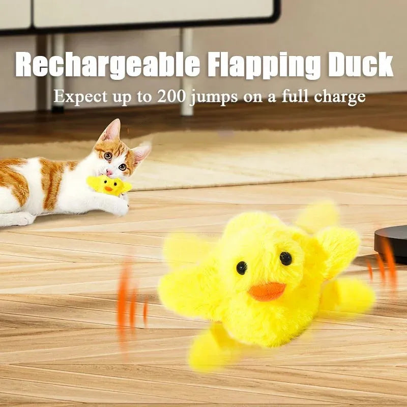 Yellow flapping duck interactive cat toy with plush feathers and a chick design on a plain background.