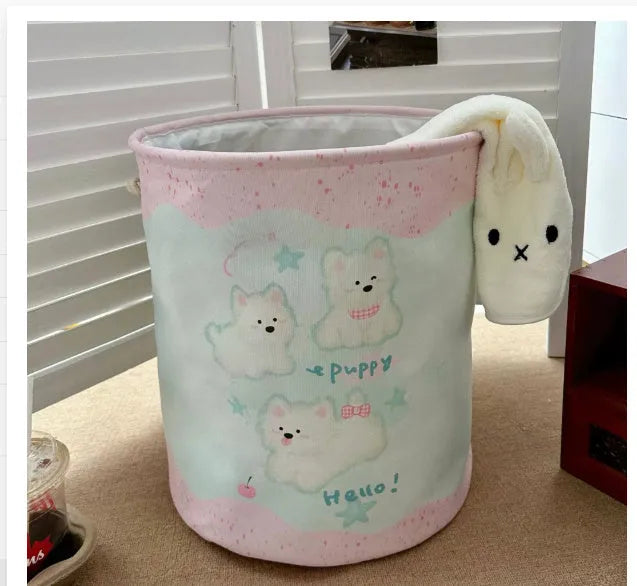 Foldable cotton laundry basket in mint green colour with bear design pattern for bedroom storage