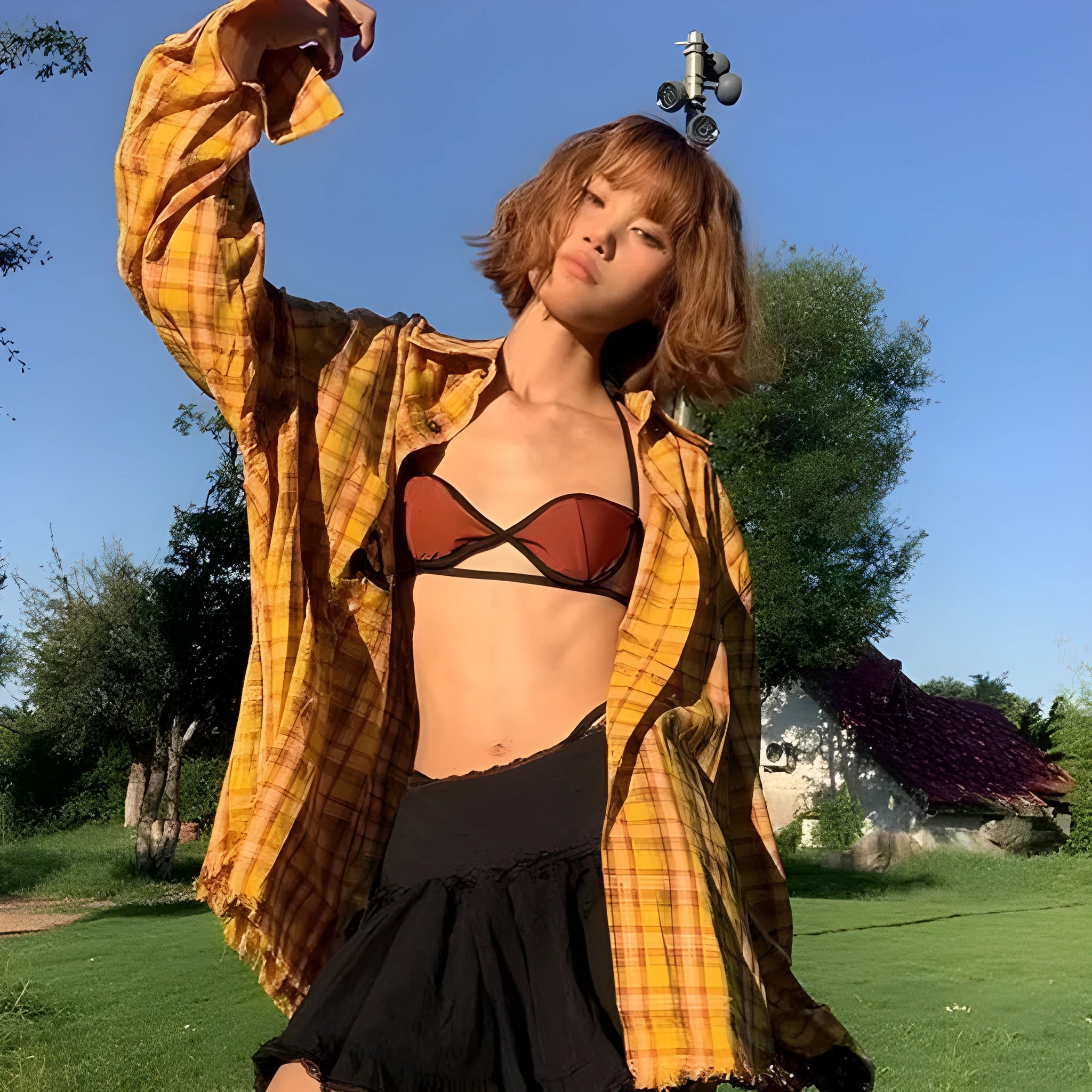 Dopamine yellow loose-fit plaid cardigan shirt for men and women.