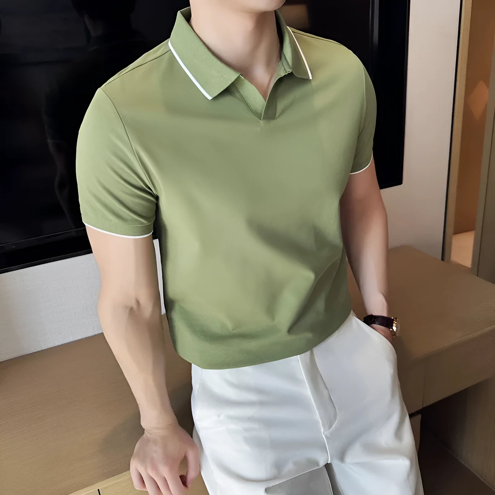Men's short sleeve polo shirt with lapel collar in mercerised pearl cotton, shown in multiple colour options.