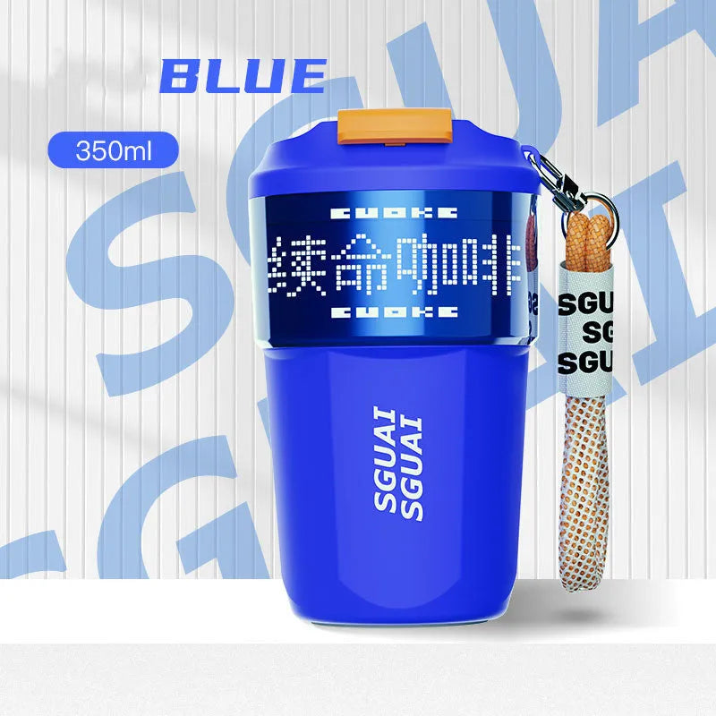 Small stainless steel portable coffee cup in blue, shown next to grey, orange, and white colour options.