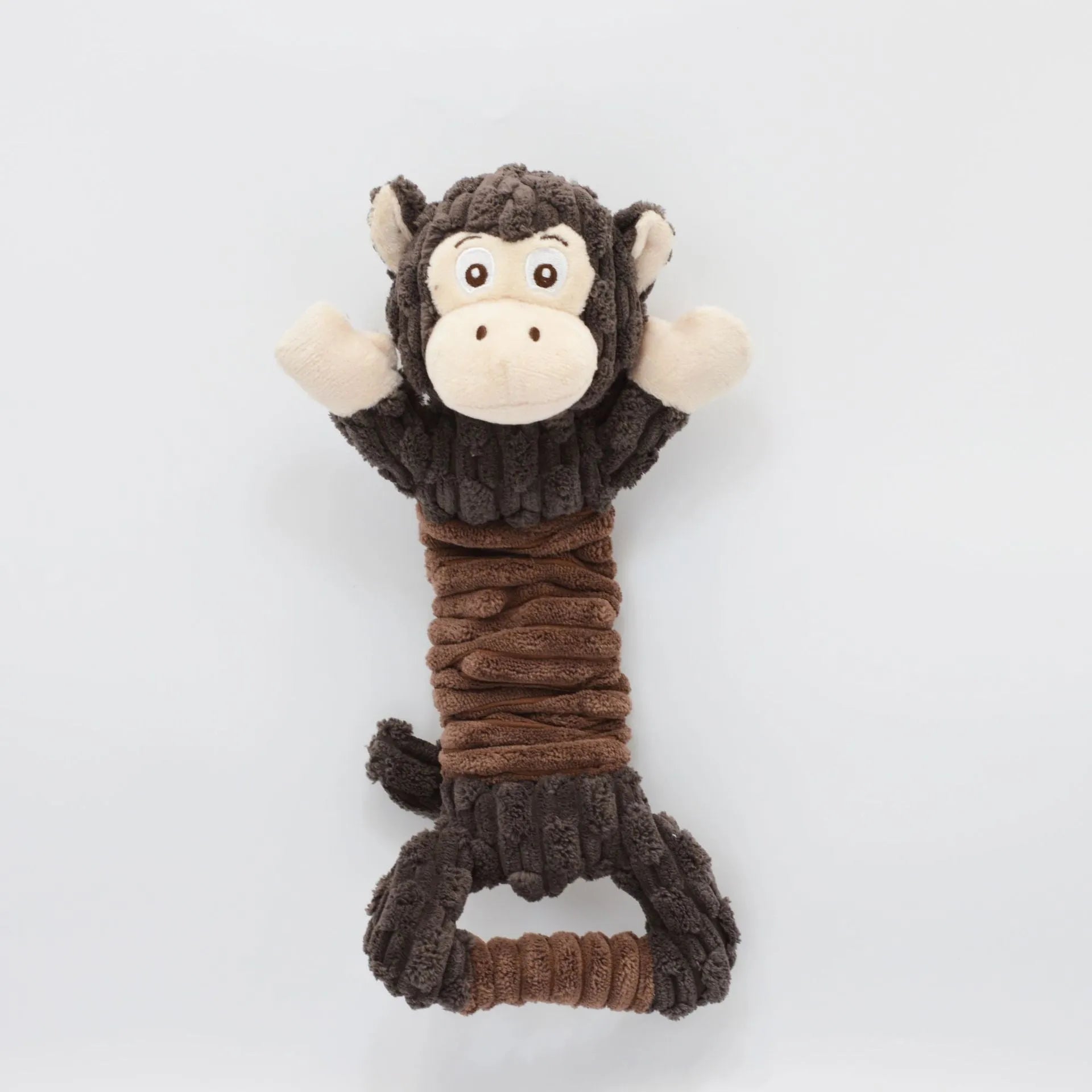 Large plush squeaky dog toy with handle, shown in Hippo and Monkey designs, for indoor tug-of-war play.