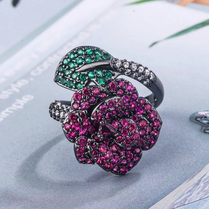 Geometric black gold floral ring with simulated red corundum stones for women