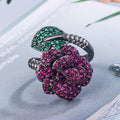 Geometric black gold floral ring with simulated red corundum stones for women