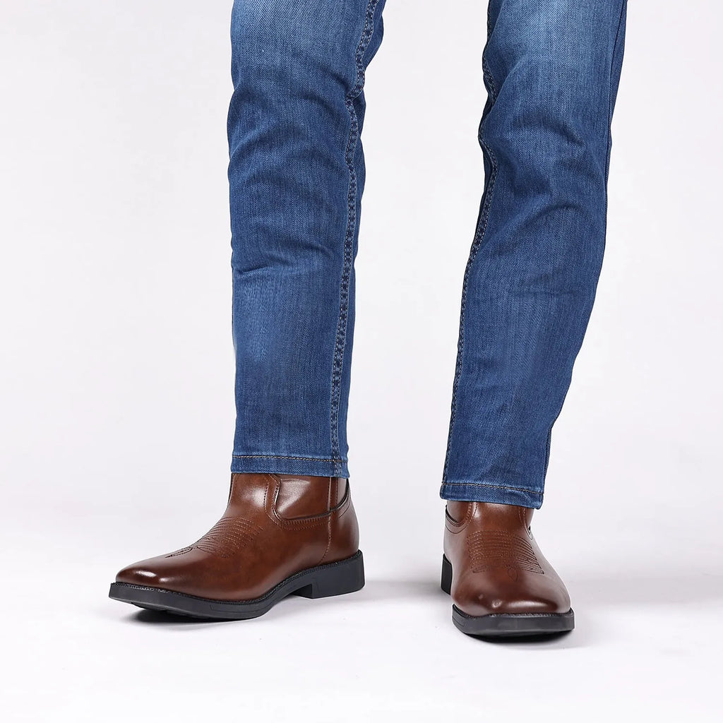 Men's brown retro wide head square toe cowboy boots with high shaft and mesh lining