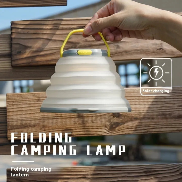 White portable camping lamp with a single-key switch, shown for tent and outdoor lighting.