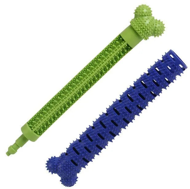 Blue green dog molar cleaning stick with serrated brush head design for dental care