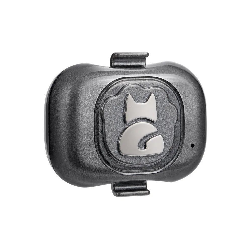 Black ABS plastic pet GPS locator with hanging rope attached for collar mounting.