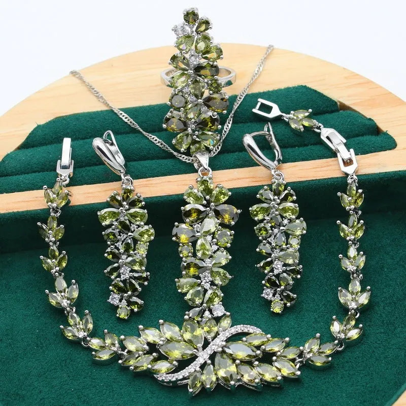 Retro floral jewellery set with copper zircon bracelet, necklace, earrings and ring in vintage style