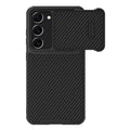 Black Samsung S23 phone case with a flip-up cover protecting the camera lenses.