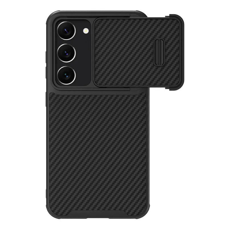 Black Samsung S23 phone case with a flip-up cover protecting the camera lenses.