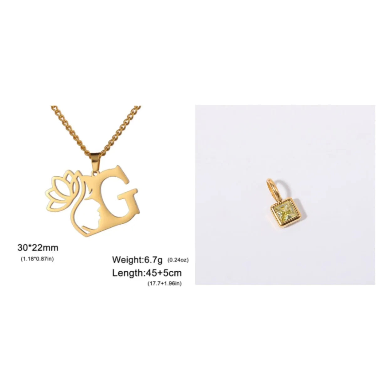 Stainless steel necklace with cross chain and a single letter pendant in gold or silver finish.