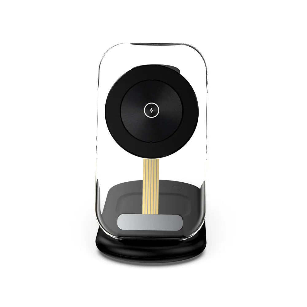 Transparent folding magnetic three-in-one wireless charger showing internal components with QC3.0 fast charge support