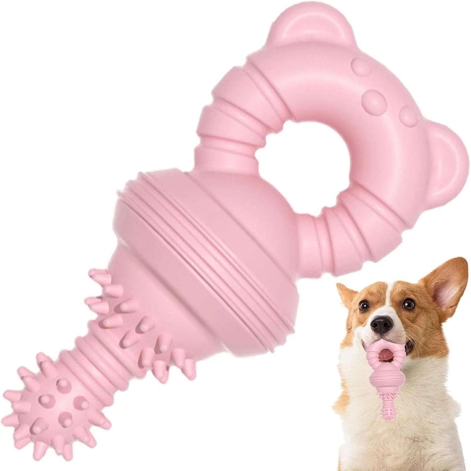 Blue rubber dog chew toy with textured surface and internal bell, shown next to a tape measure indicating 13.5 cm length.
