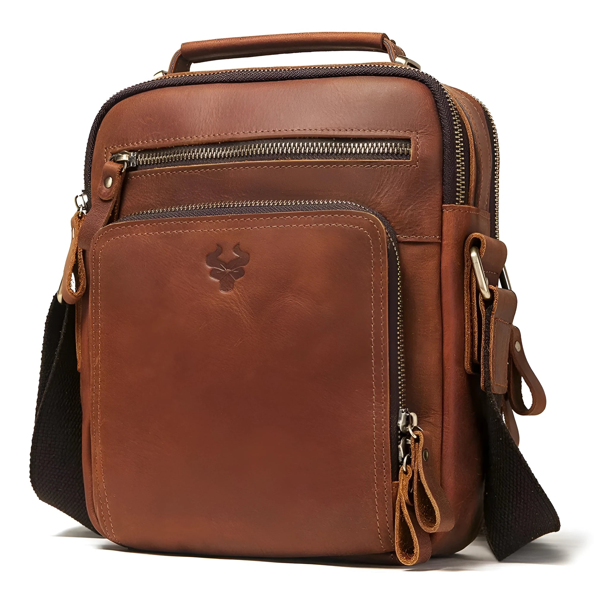 Men's brown leather crossbody bag with single-shoulder design showing sewing line details and business travel style
