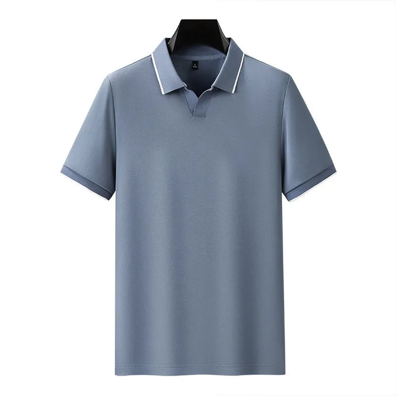 Men's short sleeve polo shirt with lapel collar in mercerised pearl cotton, shown in multiple colour options.