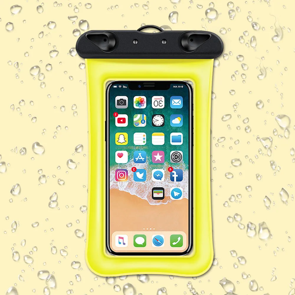 Orange waterproof phone pouch with double airbag design and a black lanyard.
