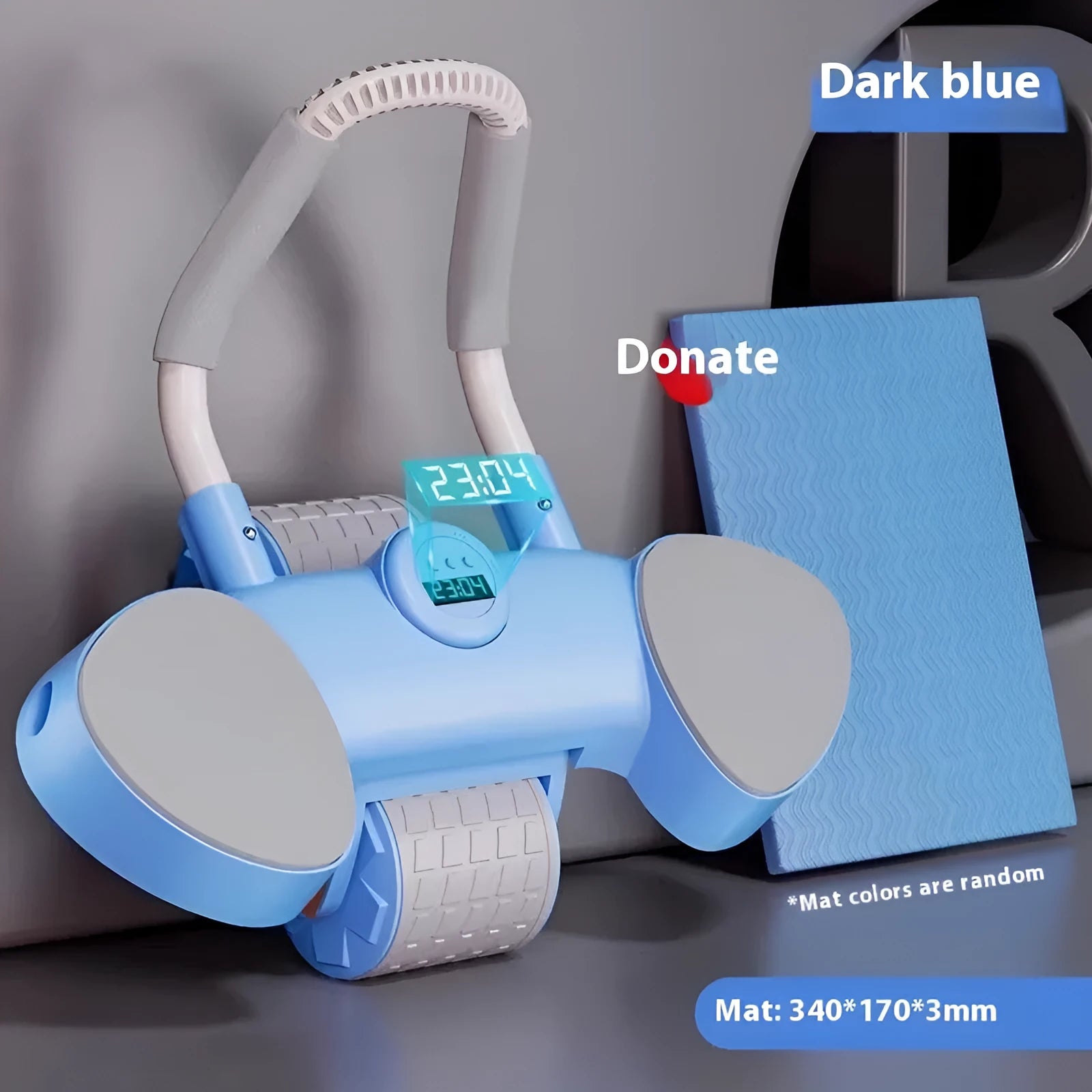 Blue abdominal exercise wheel with four wheels and integrated elbow support pads