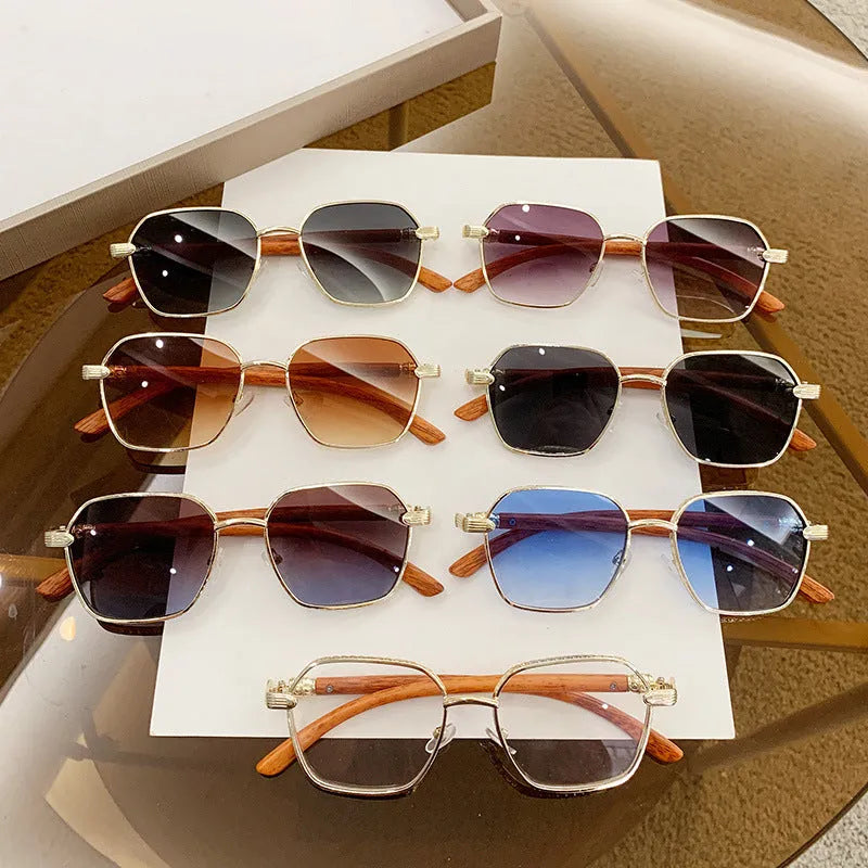 Women's frameless glasses with gold alloy wood grain frame and coloured lenses