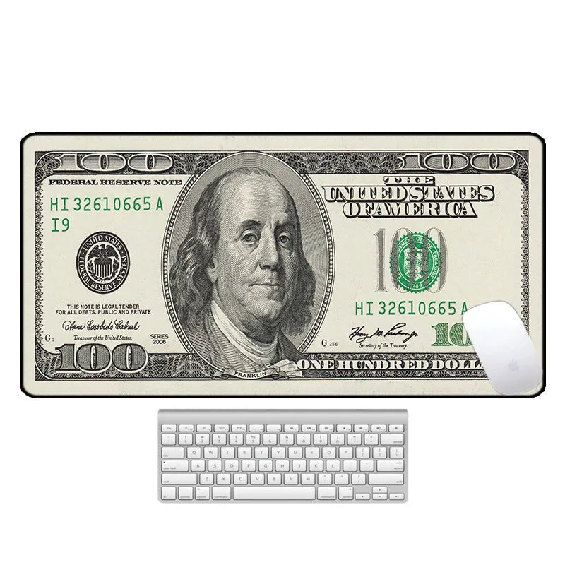 Large rectangular desk pad with printed pattern, natural rubber non-slip base, for computer mouse and keyboard.