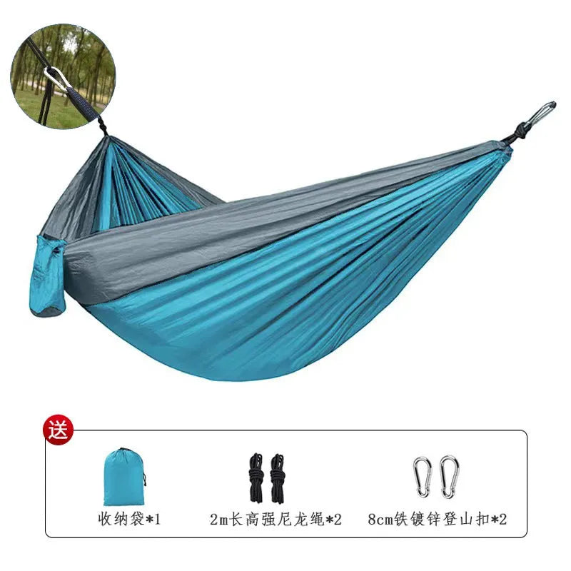 Blue parachute nylon outdoor hammock showing 270cm length and 140cm width dimensions