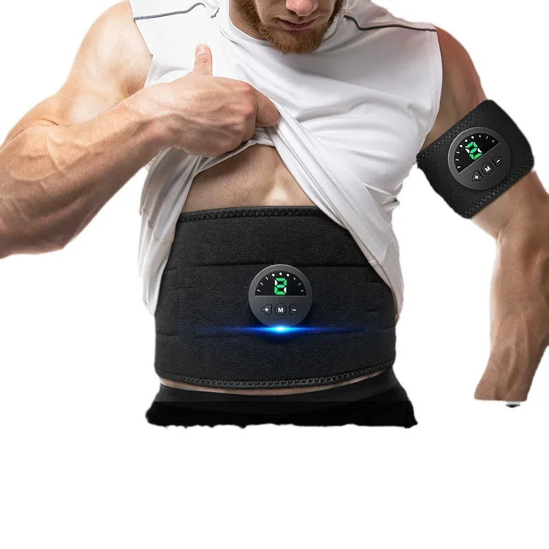 Black fitness belt with digital display screen for waist and abdomen shaping.