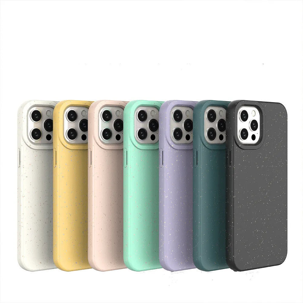Fully degradable wheat straw bioplastic rear cover case for Apple iPhone on a table, shown in one of seven available colours.