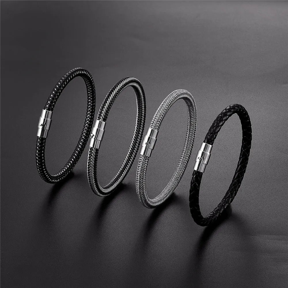 Men's titanium steel geometric wire bracelet with a magnetic clasp, shown in one of four available colour options.
