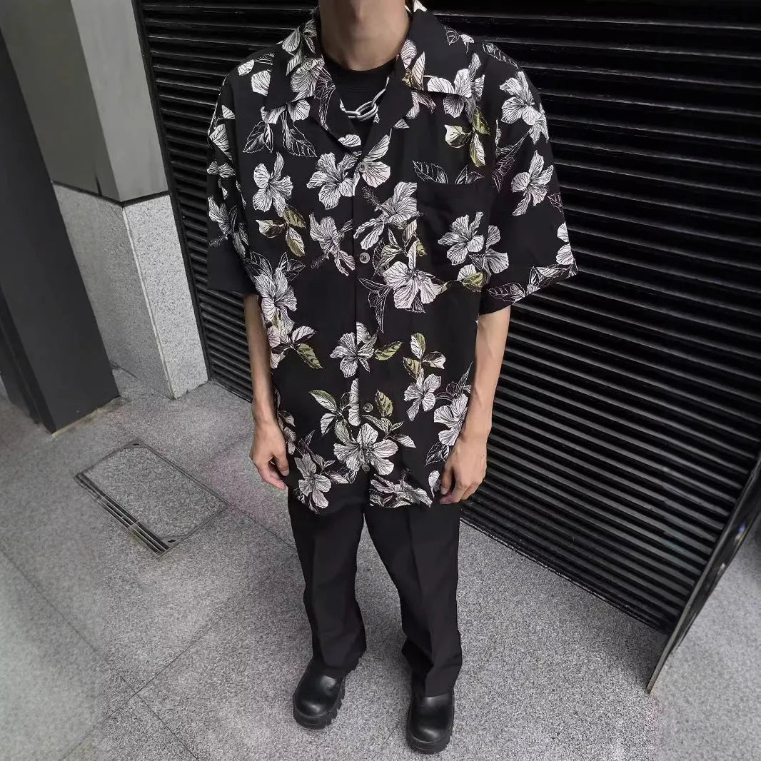 Black floral print men's shirt with vintage Cuban collar and short sleeves