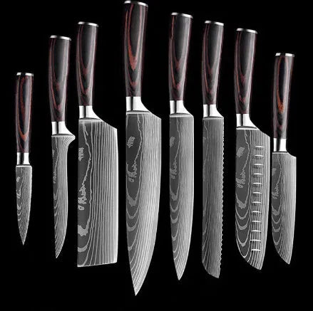 30cm chef knife with Damascus pattern blade and colour steel handle