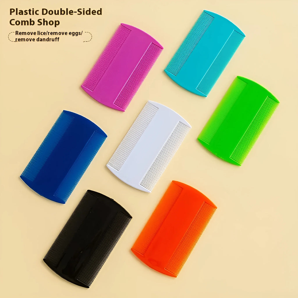 Double-edged fine-toothed plastic flea and lice comb in assorted colours on a white background.