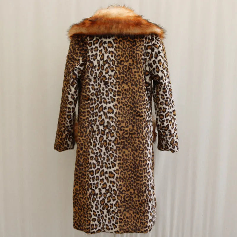 Women's long leopard print artificial fur jacket on a hanger