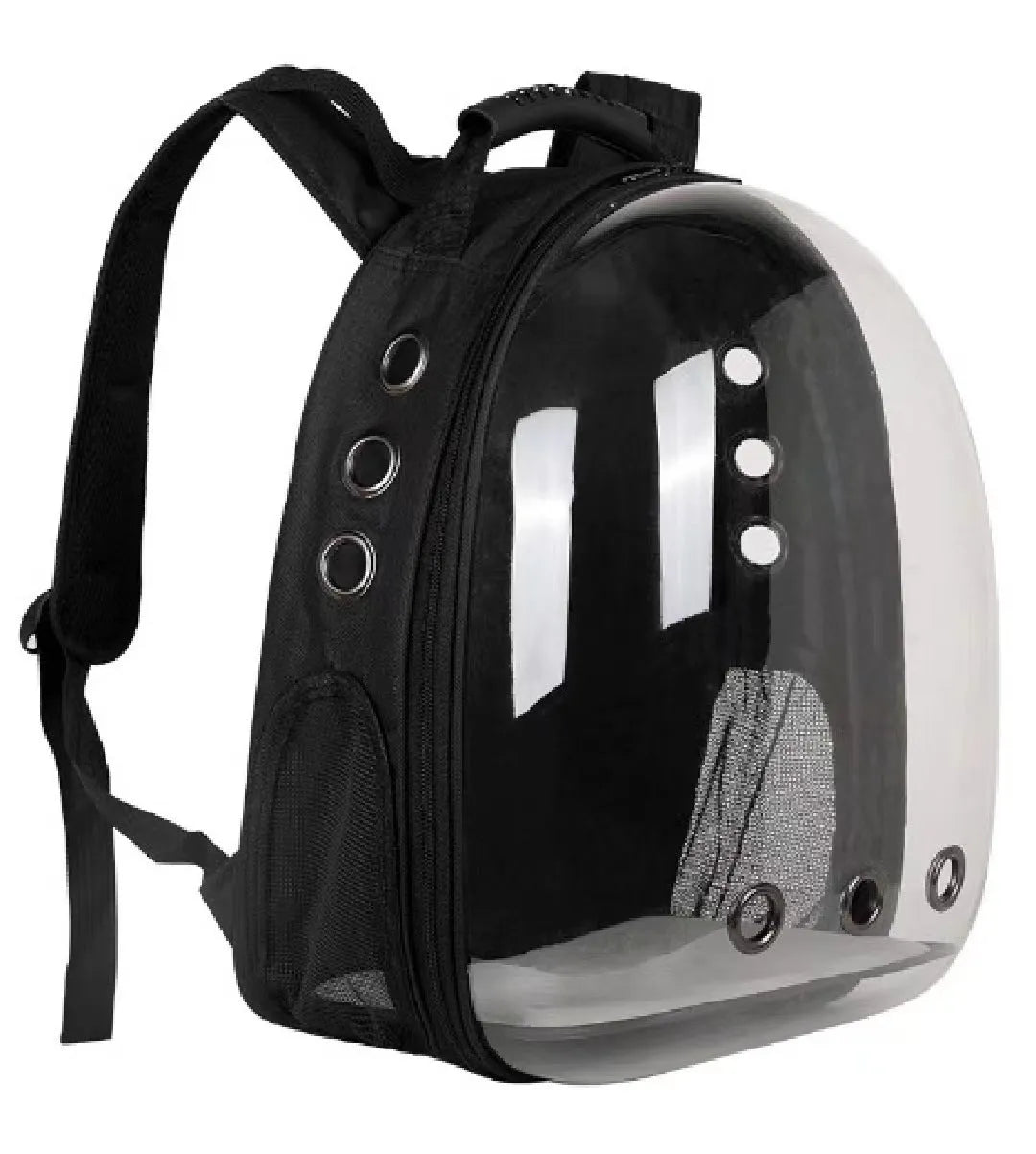 Grey PC astronaut-style pet carrier backpack with side-opening door for a cat.