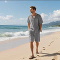 Linen blend short sleeve shirt and shorts leisure suit in Army Green colour