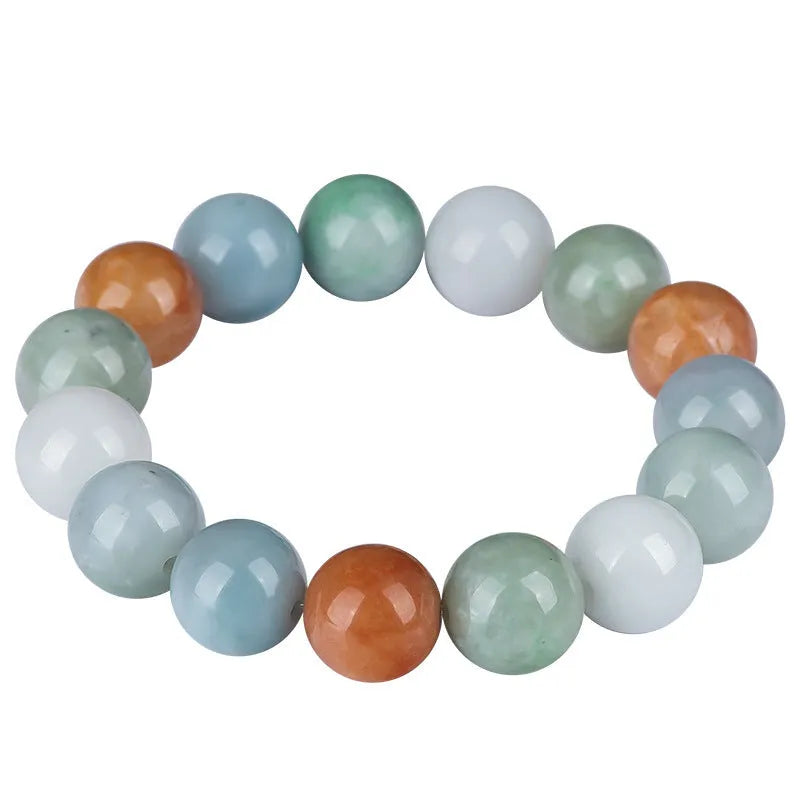 Women's Myanmar jade bracelet showing three-colour pattern on 13mm round beads.