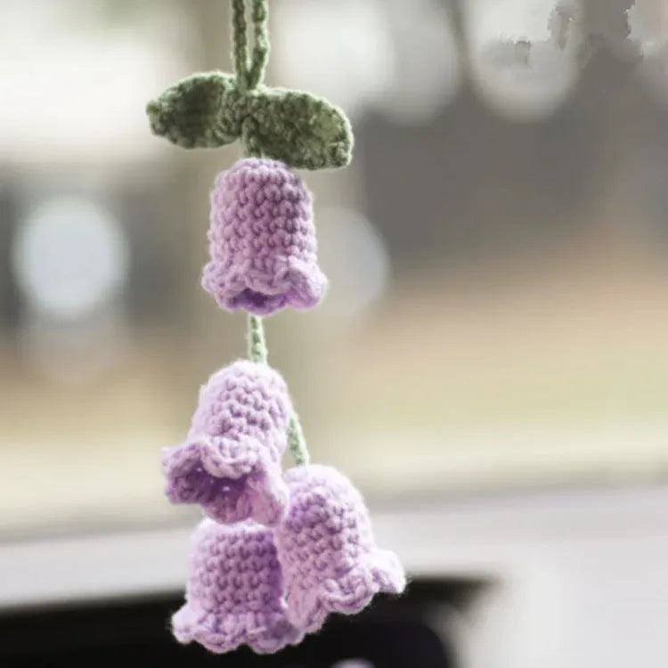 Green and white crochet car plant ornament with 25cm white hanging rope on 8cm basin base