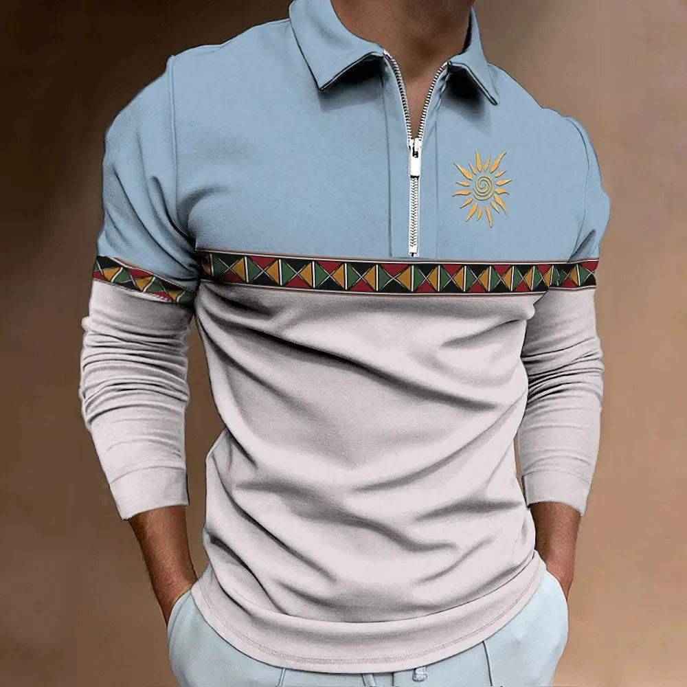Men's loose-fit long-sleeved t-shirt with retro colour printing and a zip decoration detail.