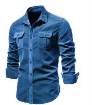 Men's long sleeve linen button-up shirt in denim blue, shown with Asian and international size options.