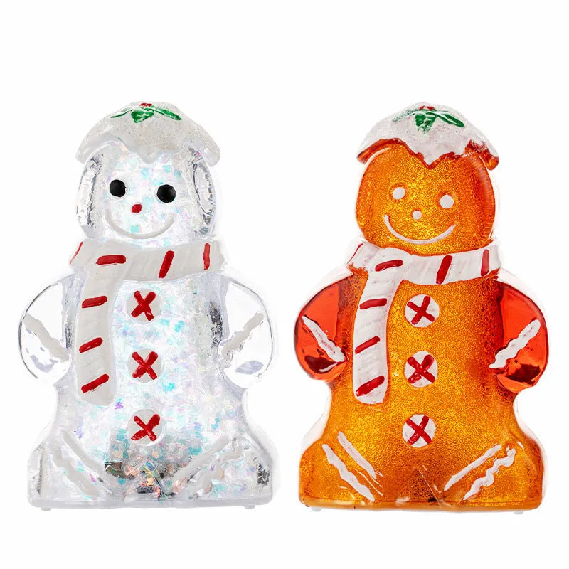Glowing plastic gingerbread man and snowman Christmas ornament with modern design in red scarf variation