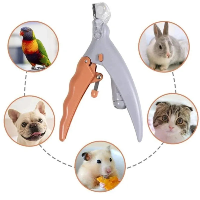 Yellow pet nail clipper with LED light, magnifying glass and safety guard for dog and cat grooming