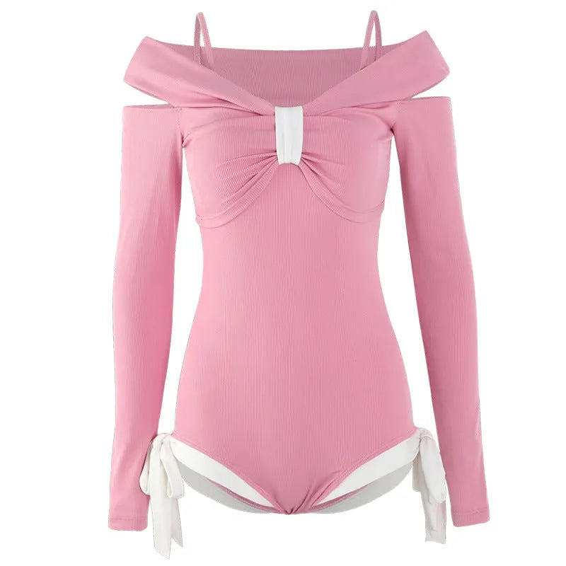 Women's long sleeve one-piece swimsuit in pink or black polyester