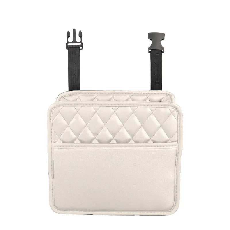 Leather car interior hanging storage bag in colour choice, showing handle and 25cm dimensions.