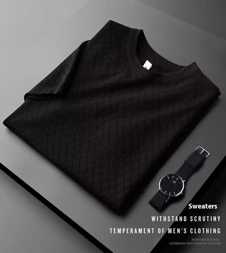 Men's ice silk V-neck t-shirt with cut-out detail in black colour, plus size Korean style summer casual top
