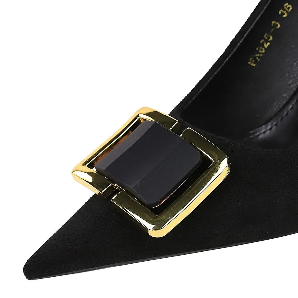 Black suede women's stiletto heels with 9cm heel and shallow open-toe design