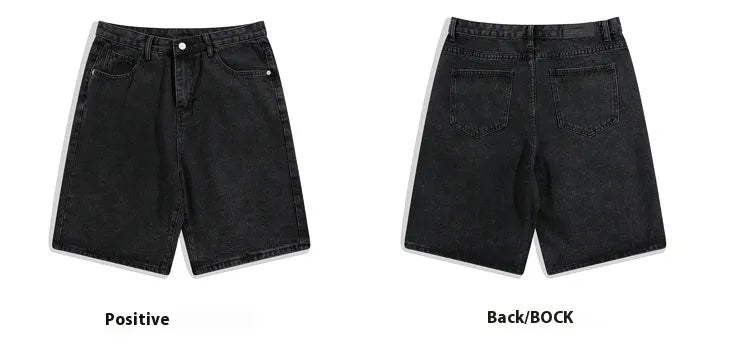 Men's light blue denim shorts with straight legs and five-pocket design on a mid waist.