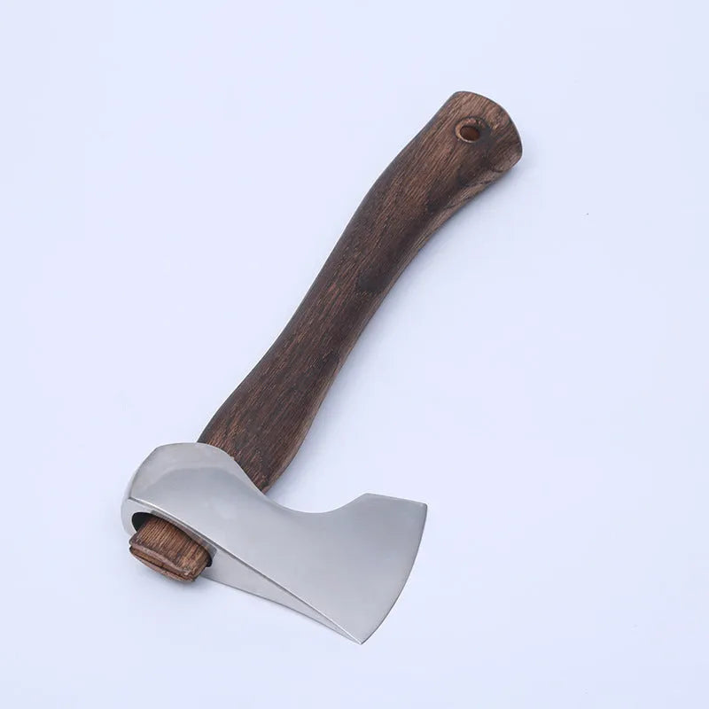 Camping axe with high carbon steel head and wooden handle showing 250mm length dimensions