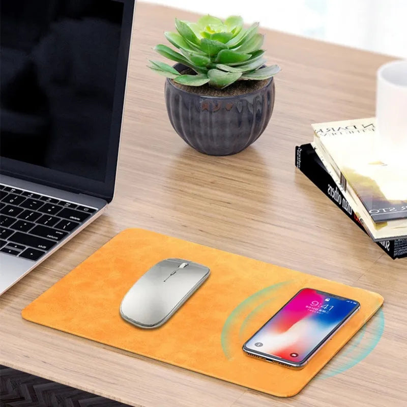 Brown leather wireless charging mouse pad with Micro USB port